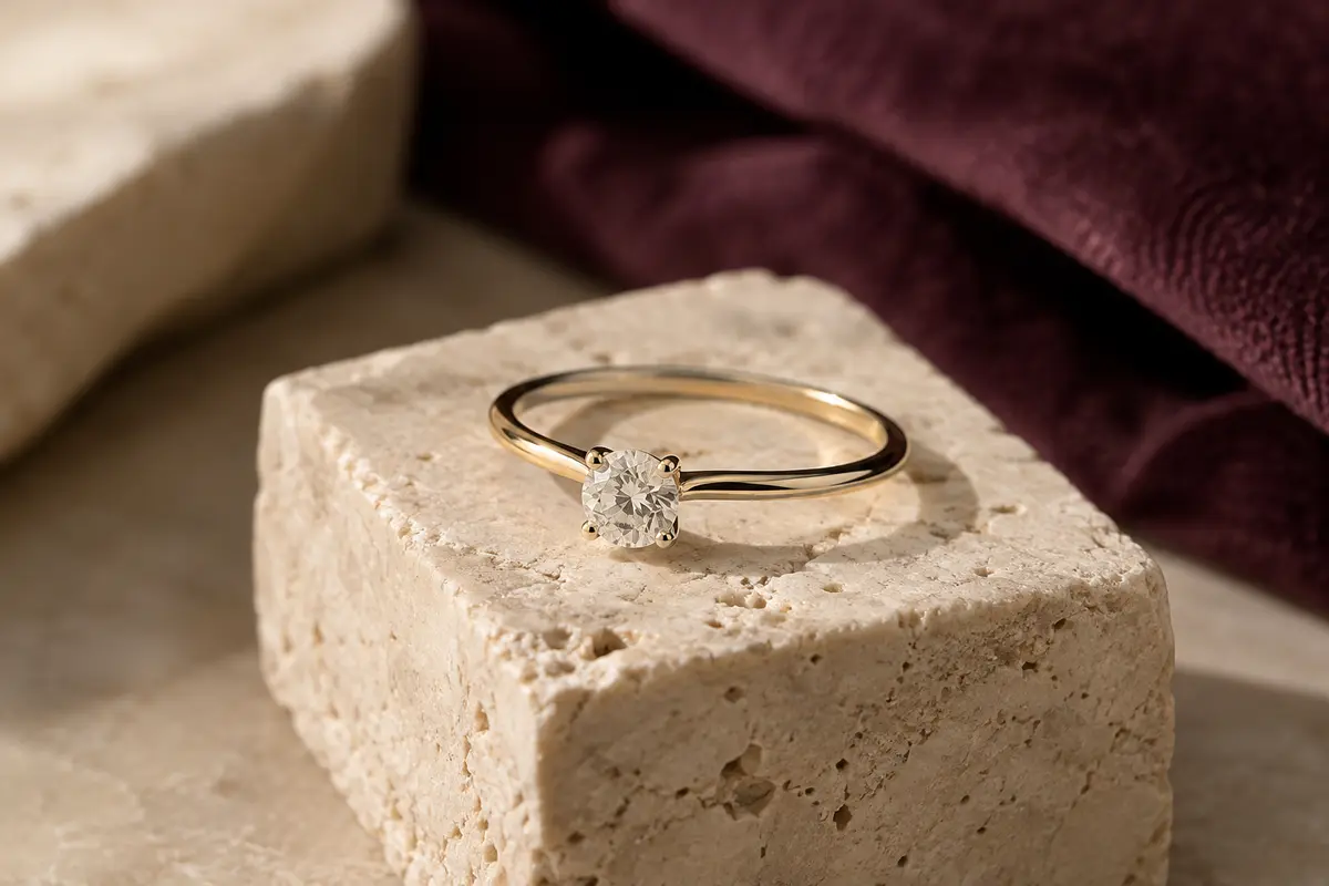 Bague solitaire à pierre centrale posée sur un bloc de pierre ivoire