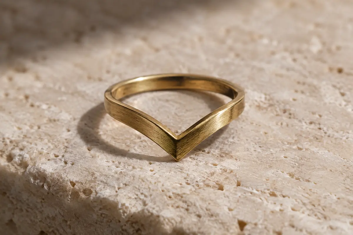 Bague chevron en V posée seule sur une pierre calcaire claire