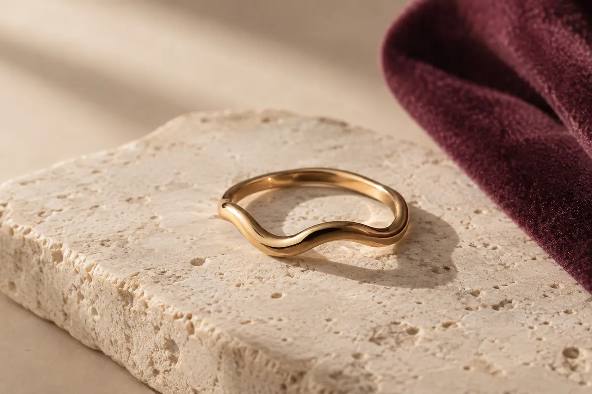 Bague ondulée minimaliste à courbe fluide posée sur une pierre claire