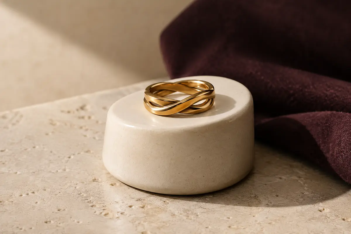 Bague torsadée fine montrant le croisement de ses brins métalliques