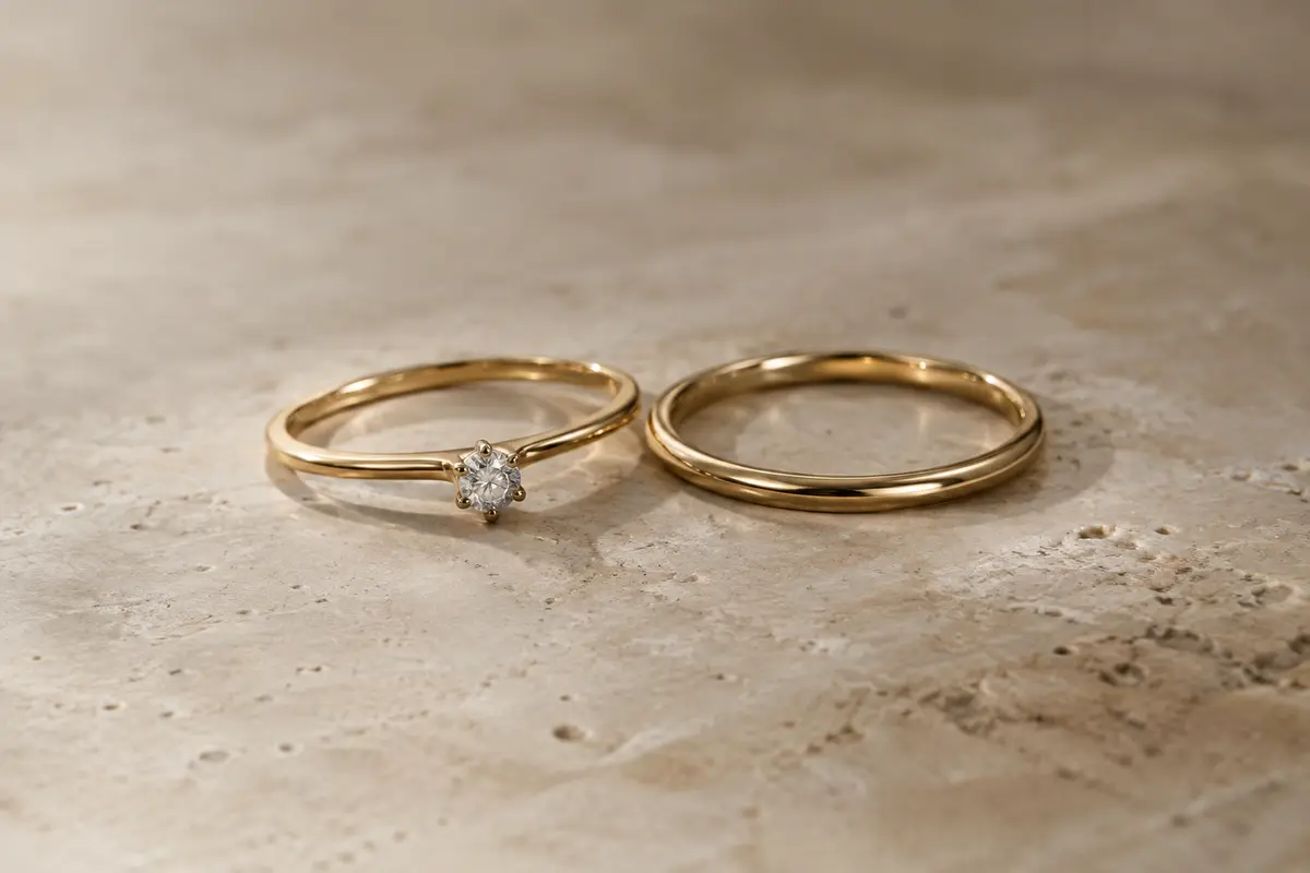 Bague de fiançailles sertie et alliance fine posées côte à côte pour comparer leurs profils et leur contact.