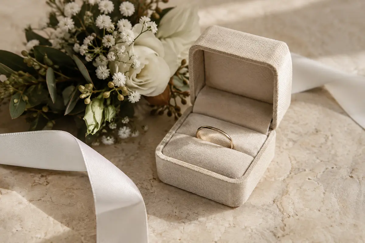 Bague minimaliste à anneau fin posée dans un écrin clair près d’un bouquet de cérémonie
