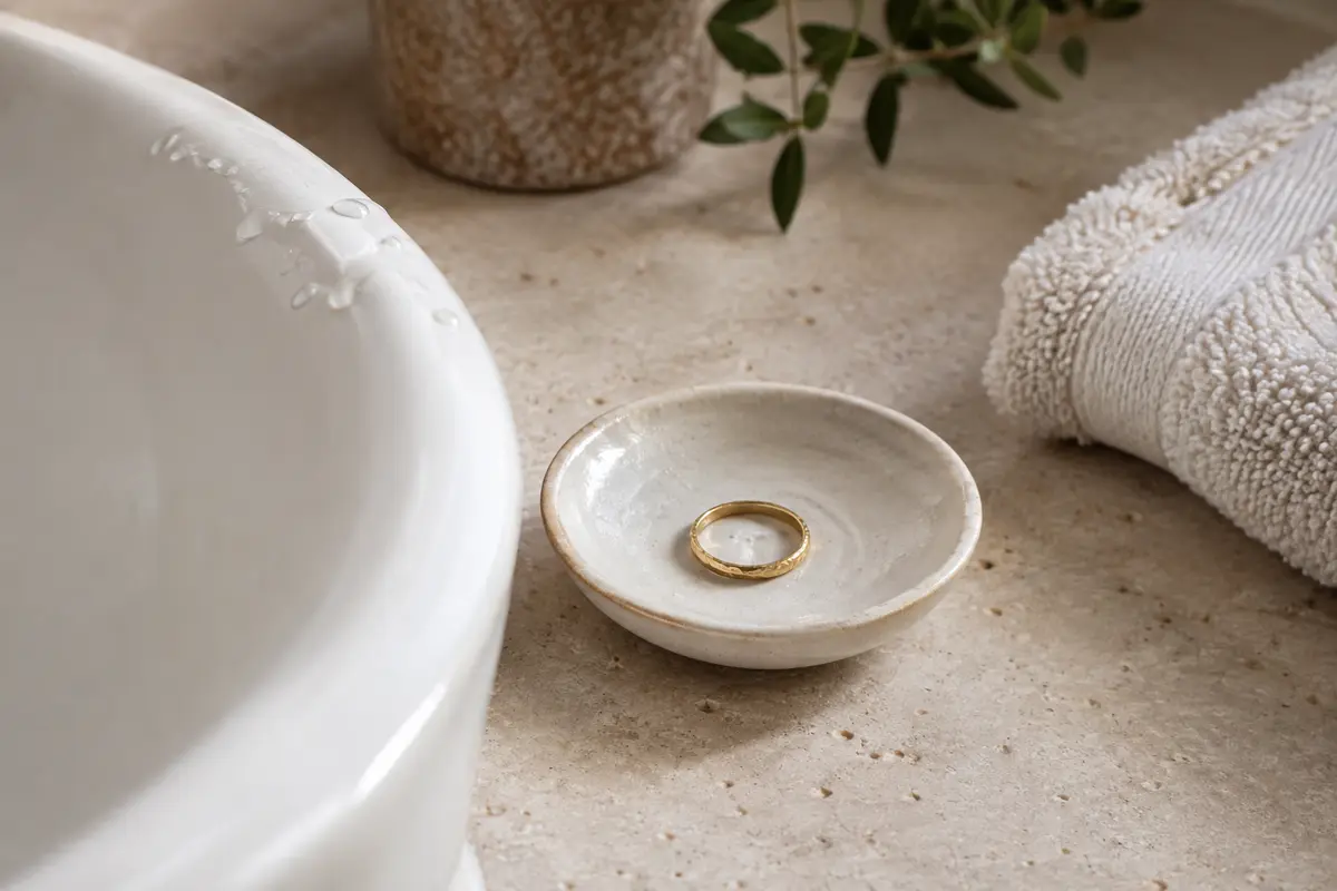 Bague minimaliste rangée au sec près d’un lavabo, à l’écart de l’eau et des produits de toilette