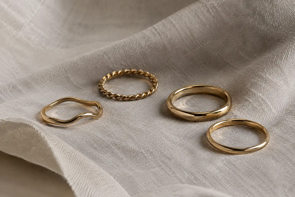 Bague ondulée et bague torsadée près d’anneaux fins sur un tissu sobre aux tons neutres