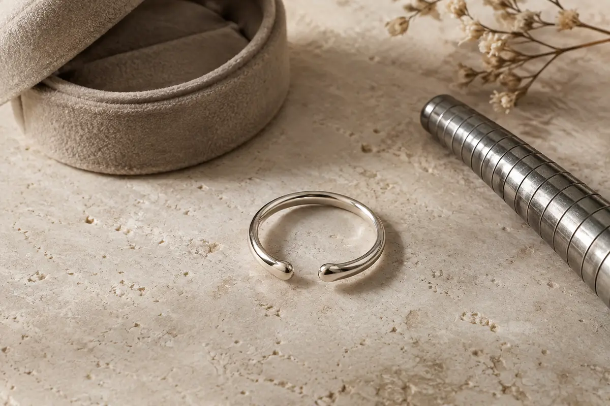 Bague minimaliste ouverte posée sur une pierre claire, avec son ouverture bien visible