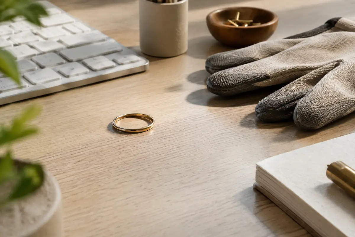 Anneau minimaliste lisse posé près d’un clavier et de gants de travail sur un bureau clair