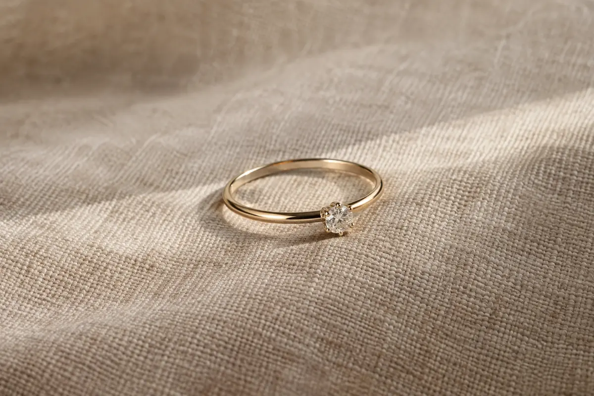 Bague solitaire minimaliste à anneau fin et pierre centrale posée sur un tissu clair