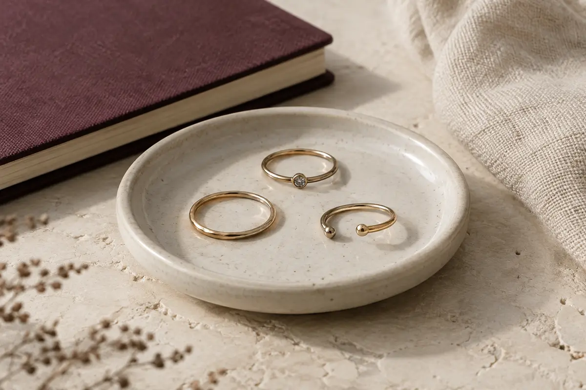 Bagues minimalistes aux formes sobres posées sur un plateau clair, dont un anneau fin et une bague sertie