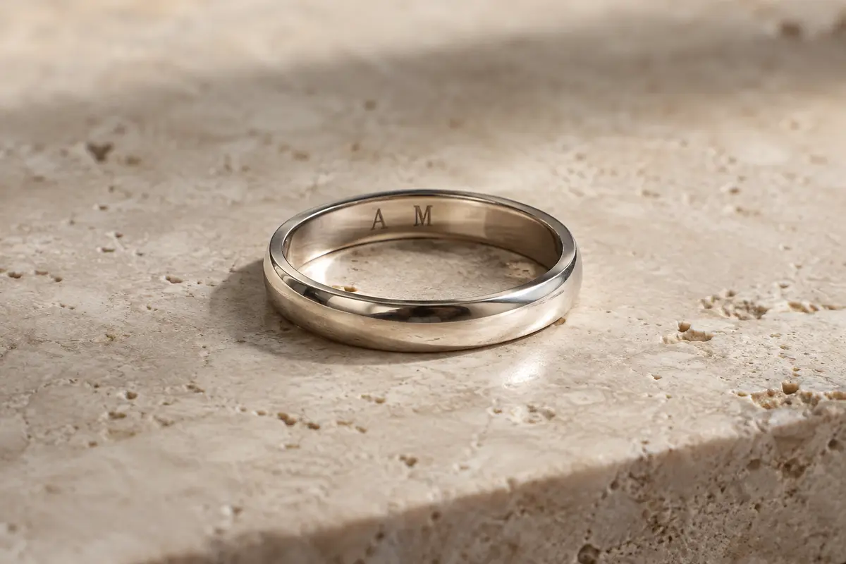 Bague minimaliste en métal clair montrant des initiales gravées discrètement à l’intérieur de l’anneau