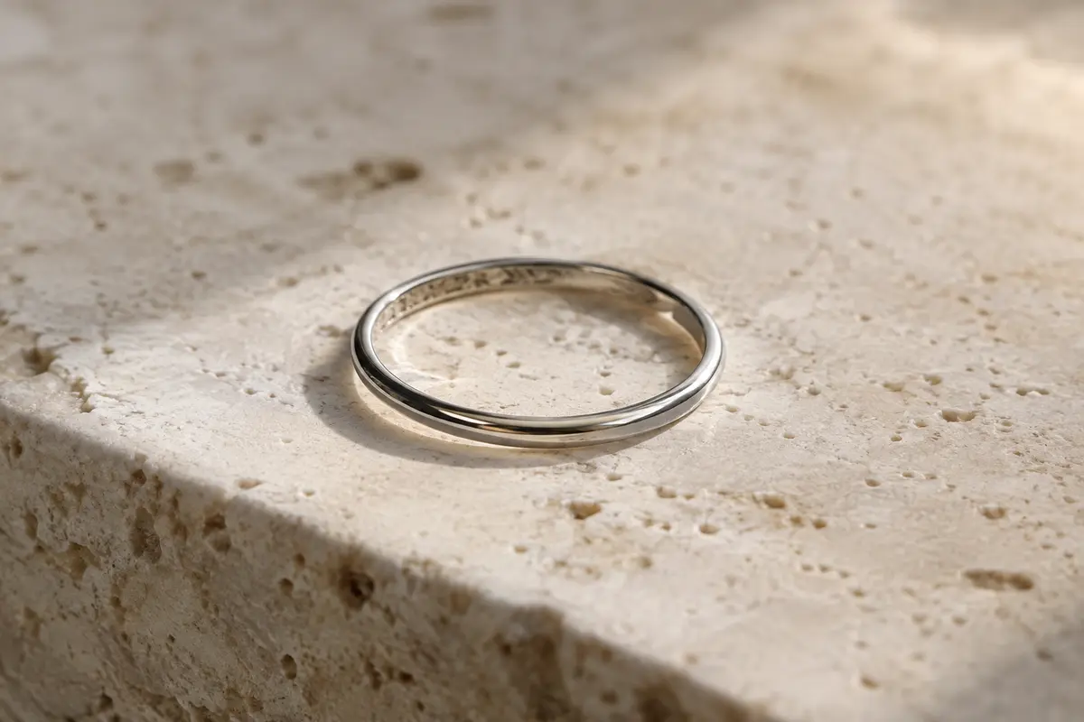 Bague minimaliste fine en métal argenté posée sur une surface claire, avec un anneau sobre et lisse.