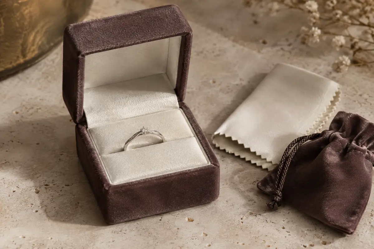 Bague fine en argent rangée dans une boîte doublée de tissu, près d’un chiffon doux.