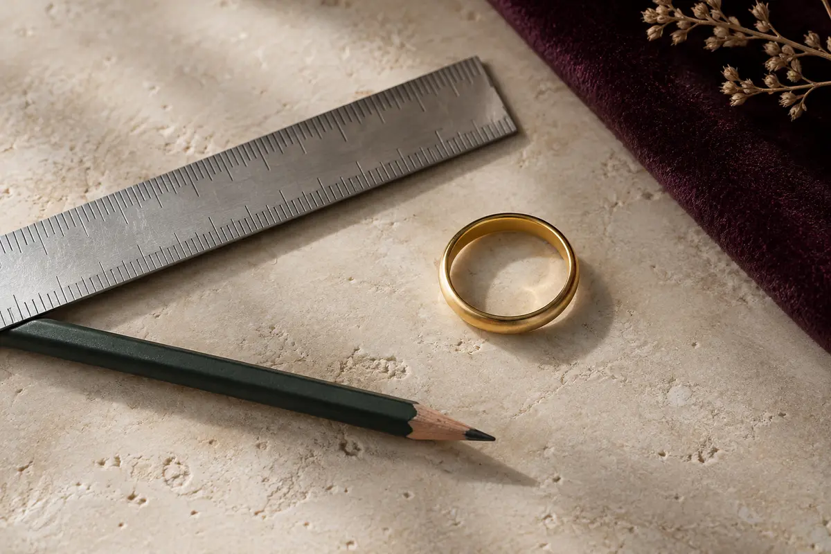 Bande de papier, règle graduée, crayon et bague sobre posés sur une table claire.