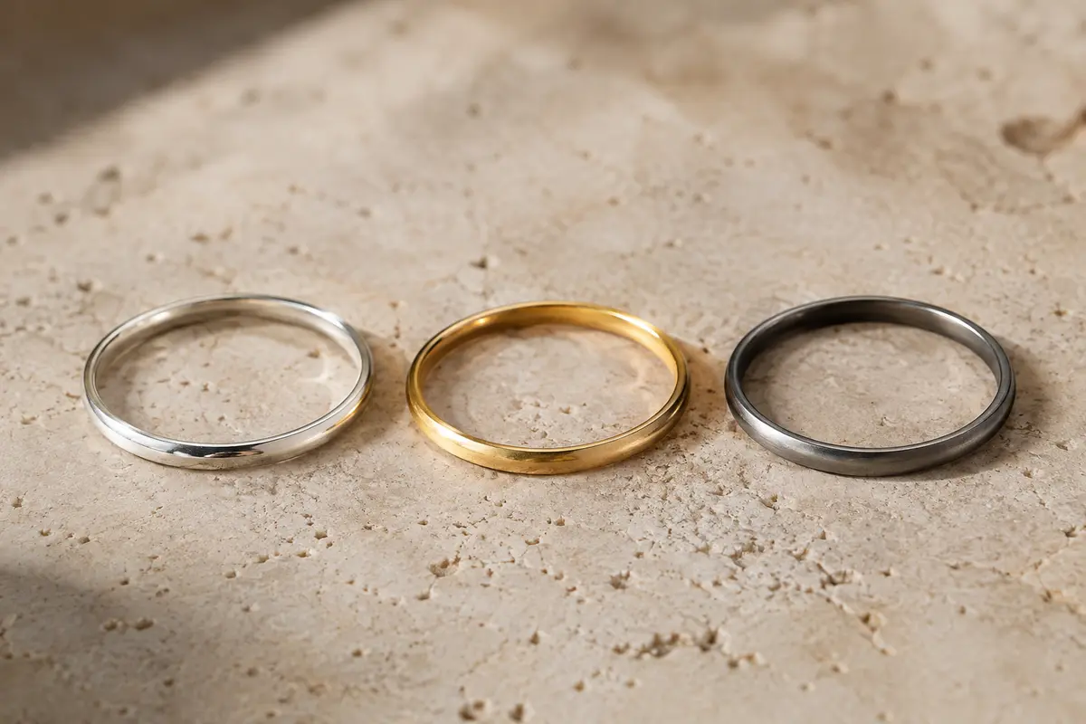 Trois bagues minimalistes en argent, en or et en acier alignées sur une surface claire, finitions visibles.