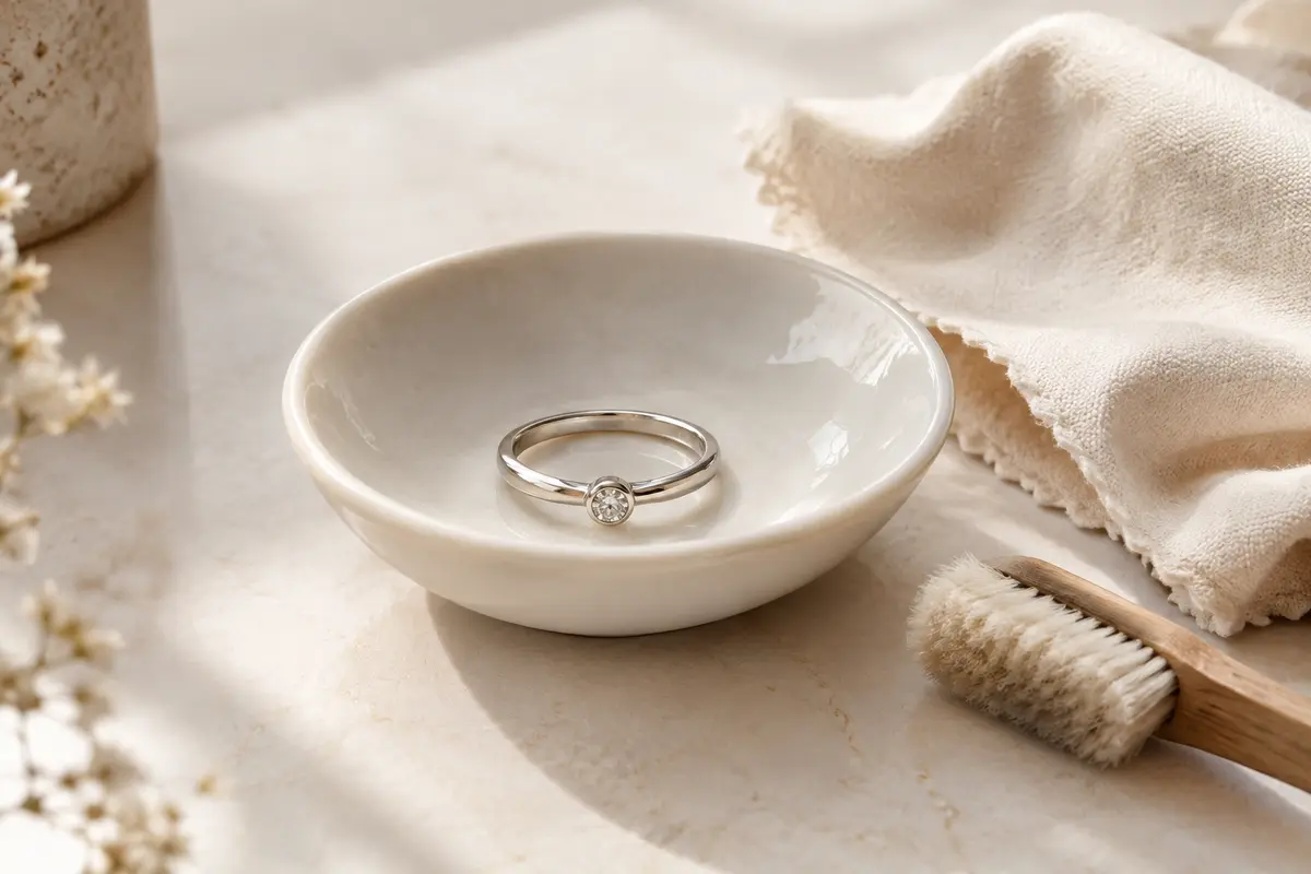 Bague minimaliste sertie posée près d’un chiffon doux et d’une brosse délicate
