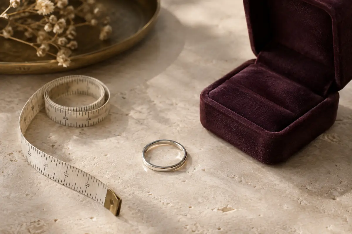 Bague minimaliste près d’un écrin ouvert et d’un ruban de mesure sur une table claire