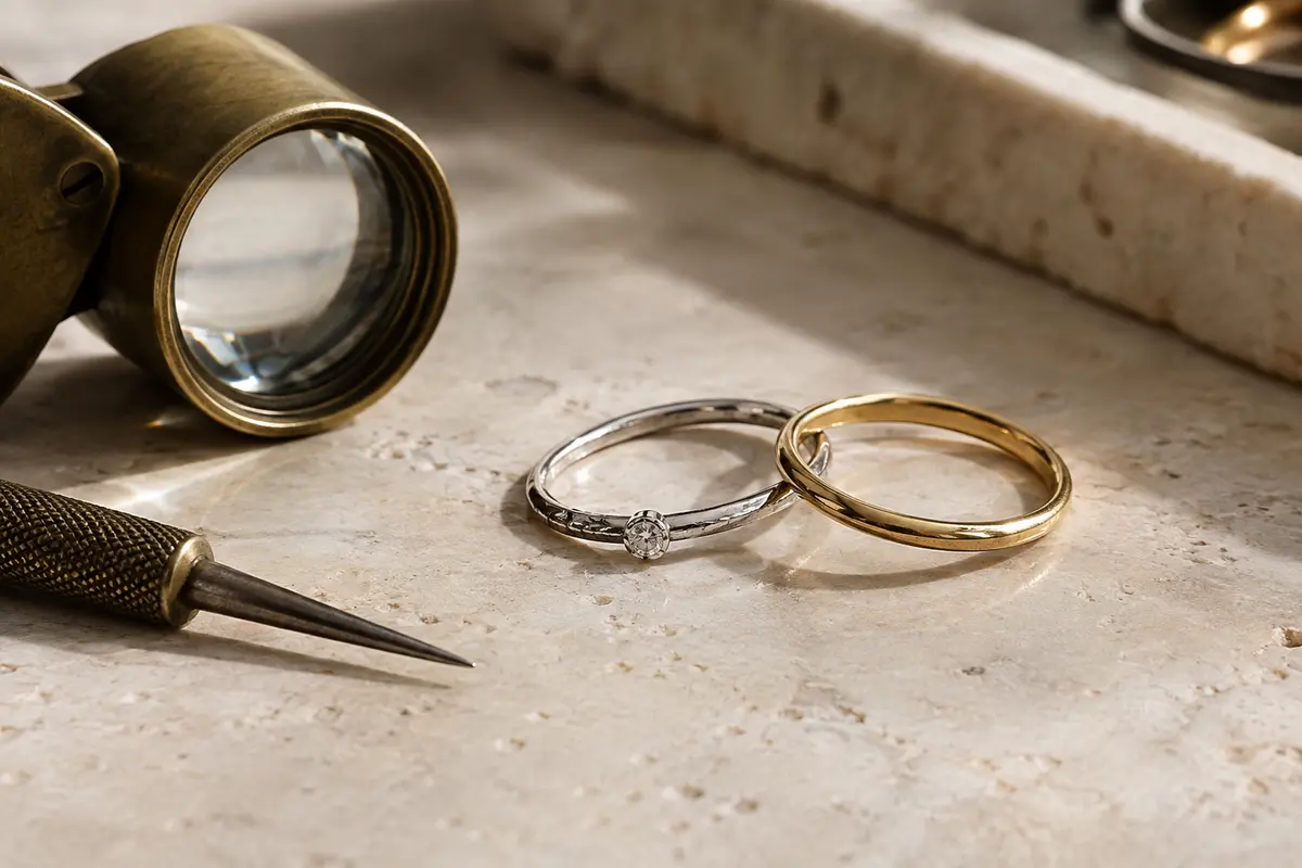 Bague fine en argent et anneau en or examinés à côté d’une loupe sur un établi clair