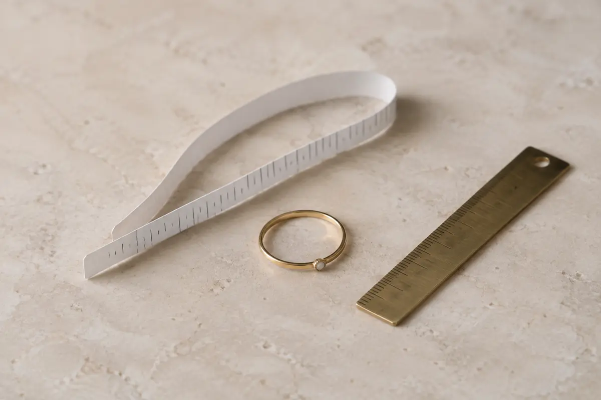 Bague fine de phalange posée près d’une bande de papier et d’une règle de mesure