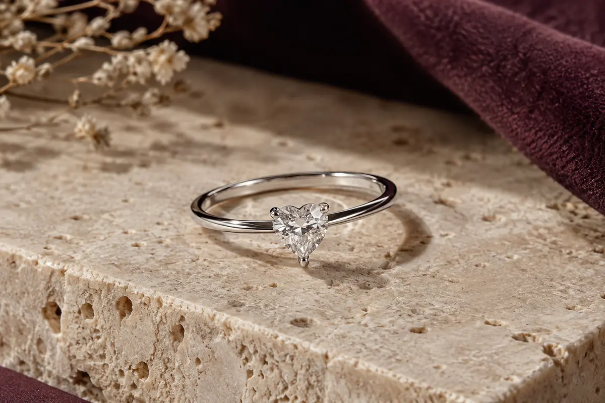 Bague fine en argent 925 avec solitaire en zircon blanc en forme de cœur, posée sur du travertin clair.