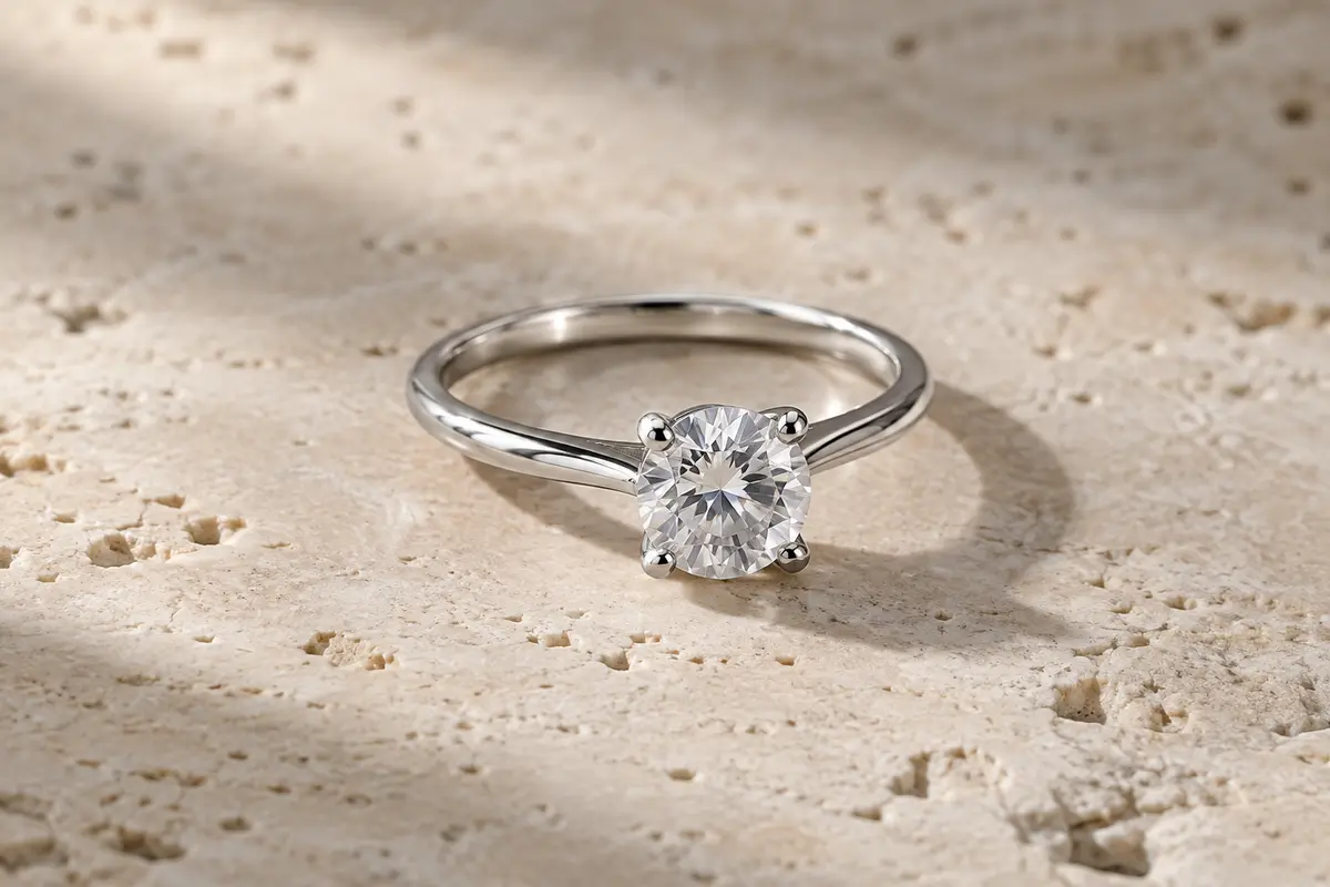 Bague solitaire en argent 925 rhodié avec une zircone cubique centrale, posée sur du travertin clair.