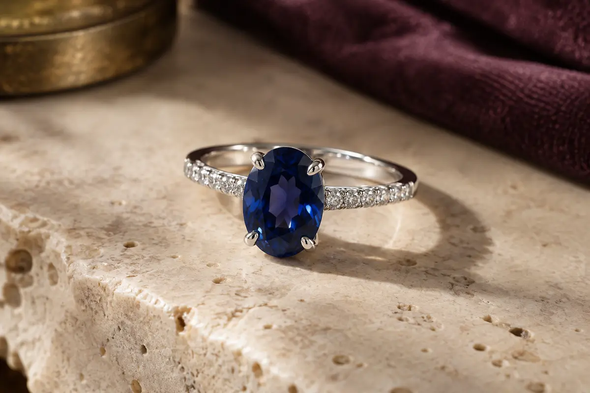 Bague solitaire en argent 925 avec saphir synthétique bleu ovale et zircones cubiques