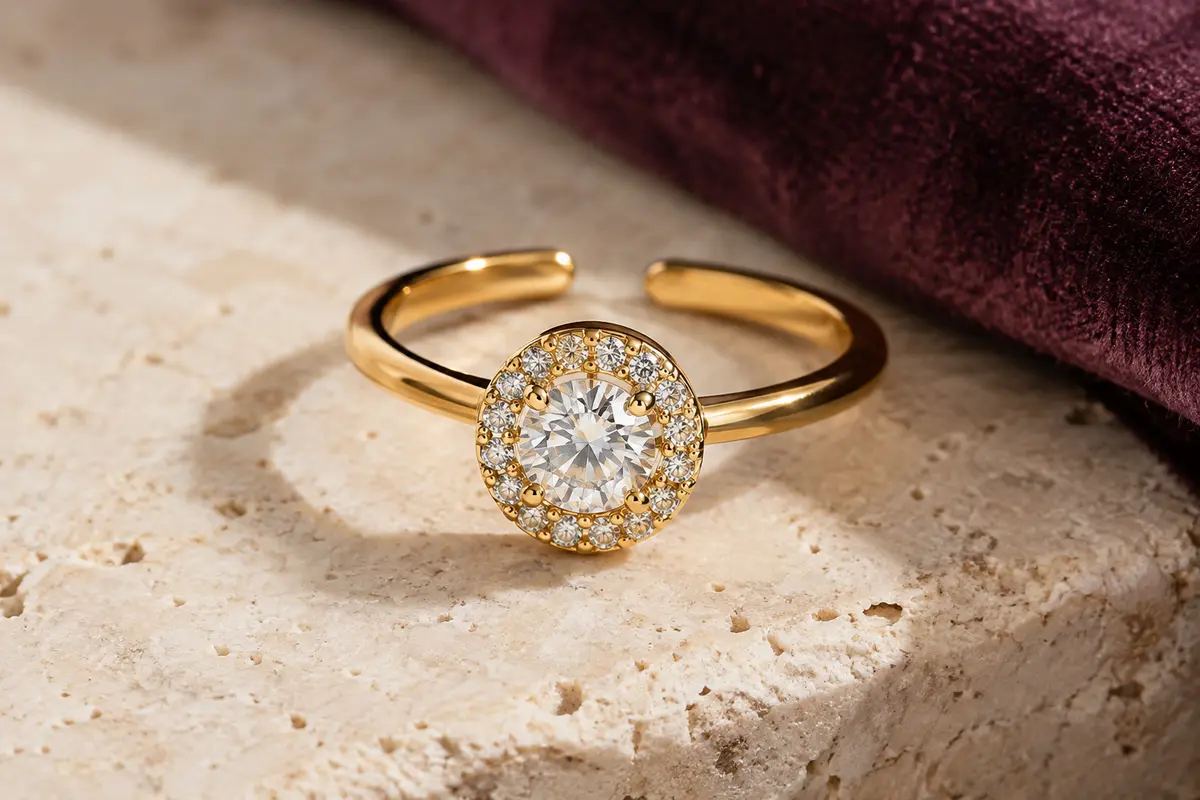Bague solitaire dorée ajustable avec oxyde de zirconium central et entourage de petites pierres, posée sur du travertin clair.