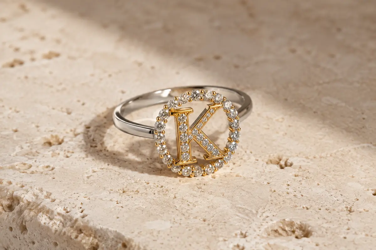 Bague initiale K en argent 925 avec zircones cubiques, posée sur du travertin clair.