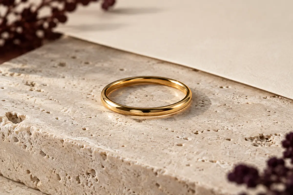 Alliance fine de 2 mm en carbure de tungstène poli, d’aspect doré, posée sur du travertin clair.