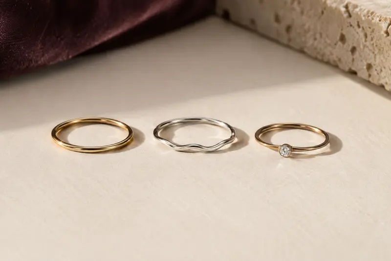 Trois bagues fines posées sur du papier ivoire : un anneau doré, une bague ondulée argentée et un anneau serti d’une petite pierre